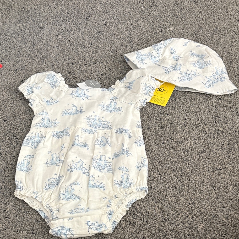 GAP White & Light Blue Printed Baby One-Piece with Sun Hat